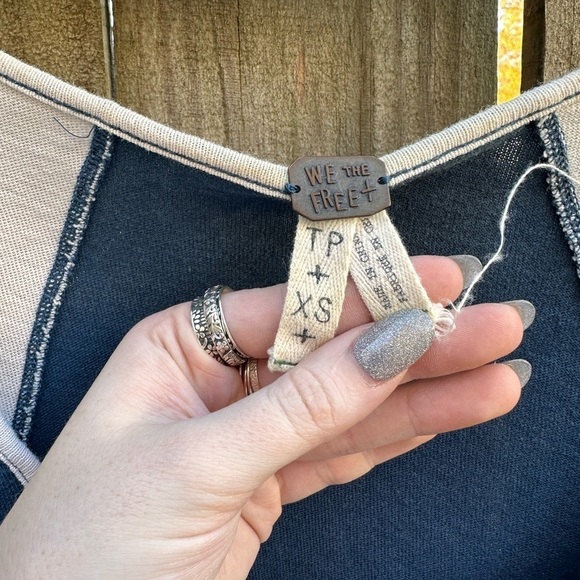 Free People We The Free Waffle Knit Sleeve Mixed Media Henley Style Raw Edge Top - Picture 3 of 8